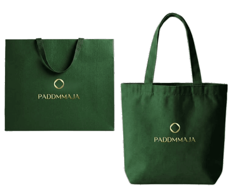 The Paddmmaja paper bag and canvas tote, gold foil on dark green